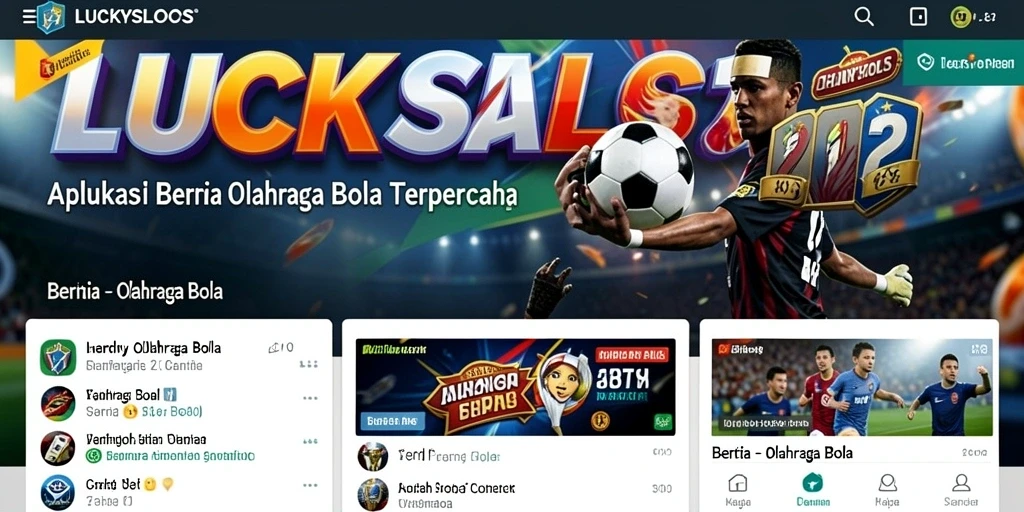 Antarmuka aplikasi LUCKYSLOTS yang menampilkan berita olahraga bola.